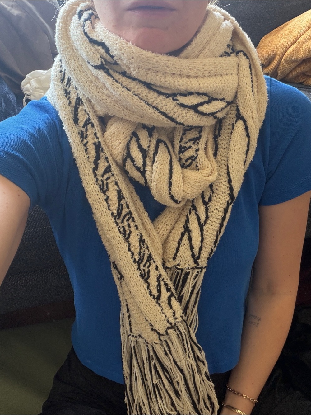 sass & bide Cream and Black Cable Knit Fringe Scarf